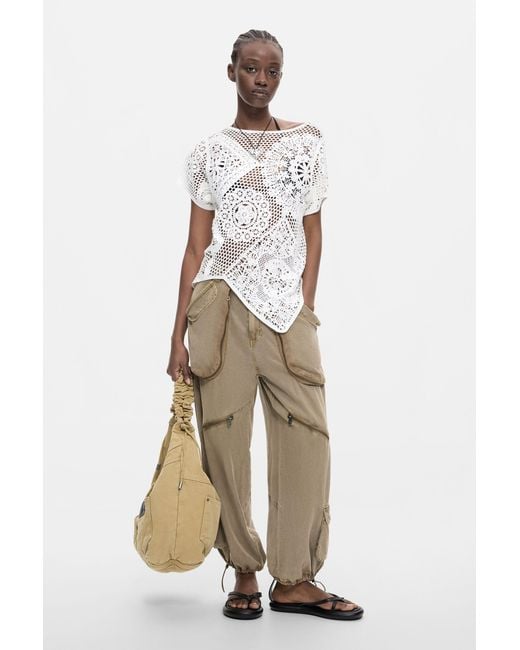 Desigual White Asymmetric Crochet T-Shirt