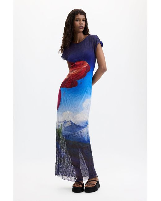 Desigual Blue Printed Short-Sleeve Dress, Polyester