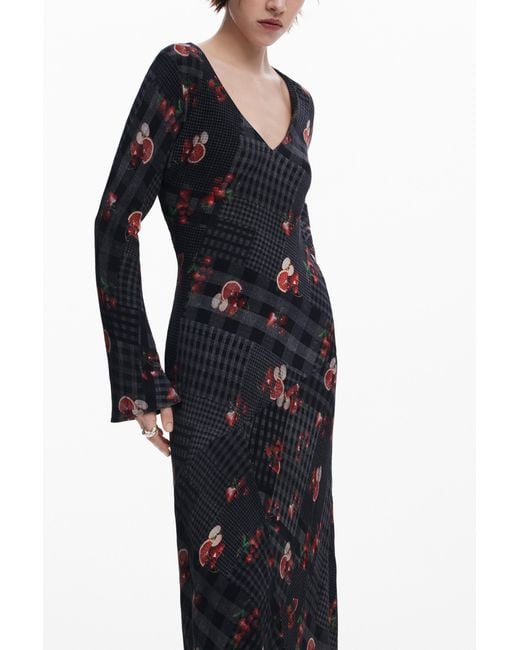 Desigual Blue Midi Dress With Checks, Viscose