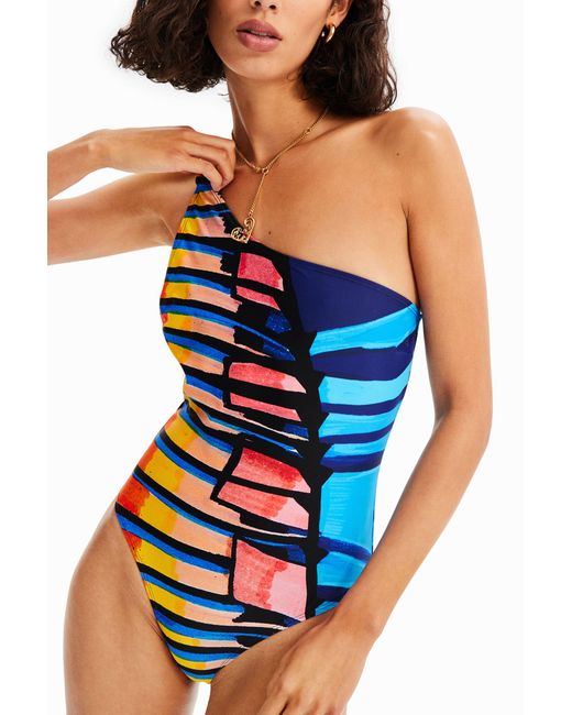 Desigual Blue Asymmetric-Strap Swimsuit