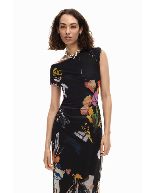 Desigual Black Midi Collage Dress, Polyester