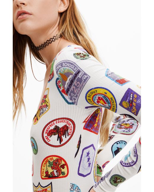 Desigual White Body With College Patch Print, Viscose