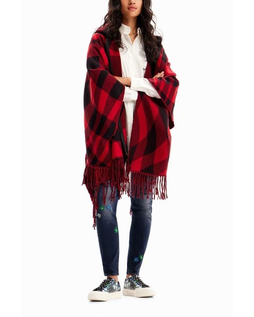 Desigual Red Plaid Hooded Poncho, Polyester
