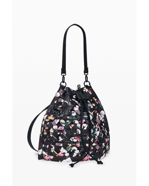 Desigual Black Medium Braided Backpack With Flowers, Polyurethane