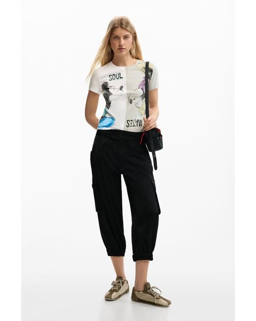 Desigual White Mickey And Minnie Mouse Kiss T-Shirt, Cotton