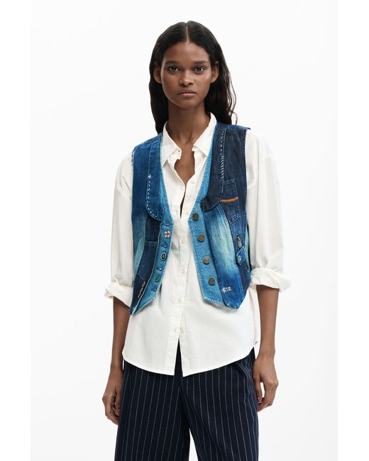 Desigual Blue Patchwork Denim Vest, Cotton