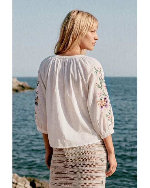 Desigual White Blouse Embroidered Sleeves