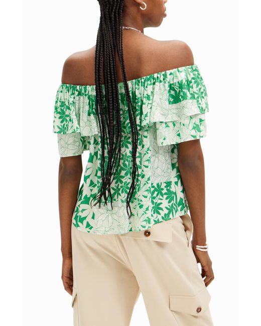Desigual Green Patchwork Floral Ruffle Blouse, Viscose