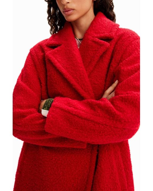 Desigual Red Double-Breasted Bouclé Coat, Polyester