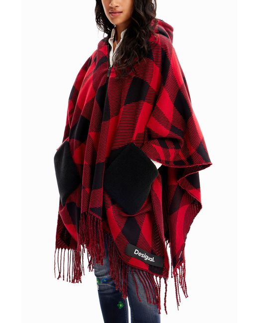 Desigual Red Plaid Hooded Poncho, Polyester