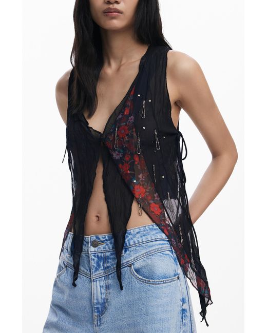 Desigual Blue Asymmetric Chiffon Blouse, Polyester