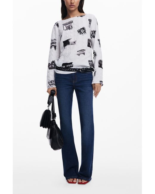 Desigual Blue Textured Blouse With Bows, Polyester