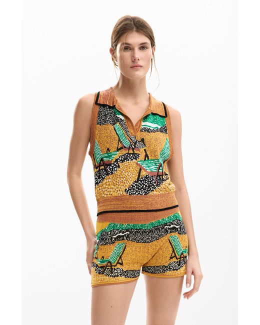 Desigual Green Sleeveless Jacquard T-Shirt