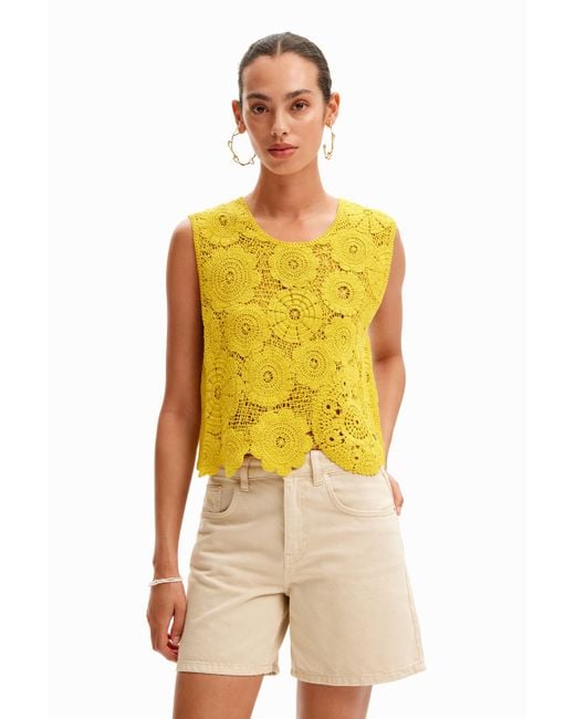 Desigual Yellow Floral Crochet T-shirt
