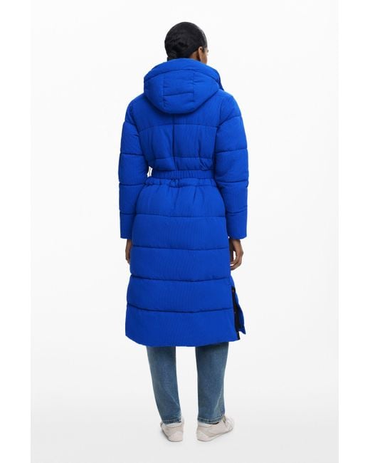 Desigual Blue Long Padded Jacket With Belt