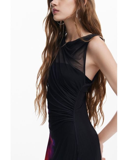 Desigual Black Floral Tulle Dress, Polyester