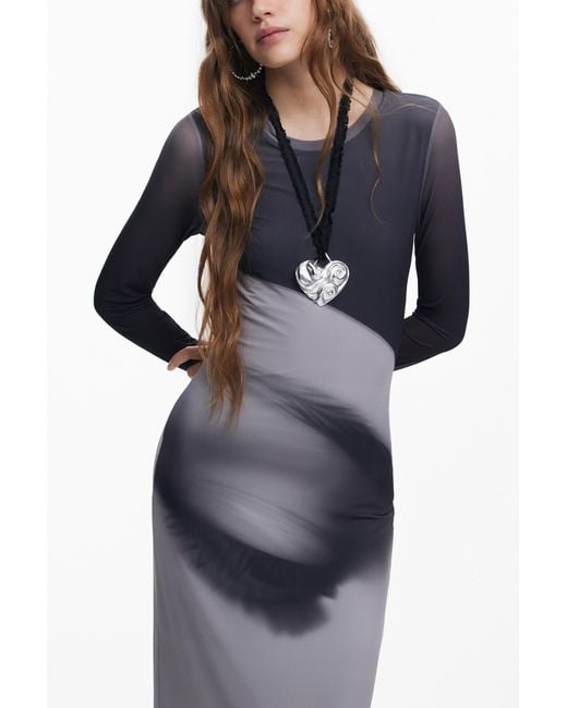 Desigual Blue Long Portrait Dress, Polyester