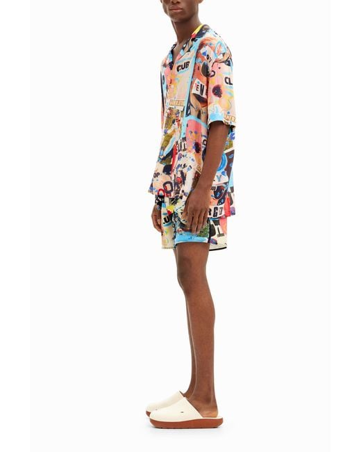 Desigual Blue Marine Watercolor Swimsuit, Polyester for men
