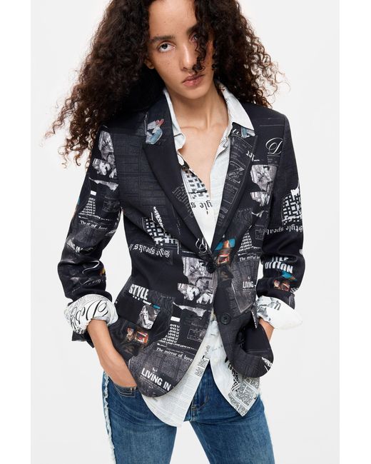 Desigual Black Patchwork Printed Blazer, Cotton