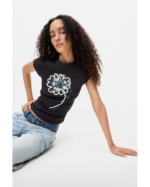 Desigual Black Floral Printed T-Shirt, Cotton