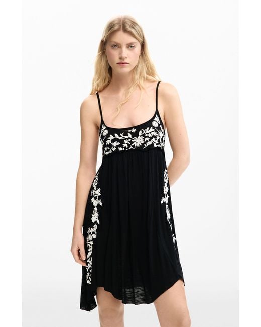 Desigual Black Embroidered Fluid Strap Dress, Viscose