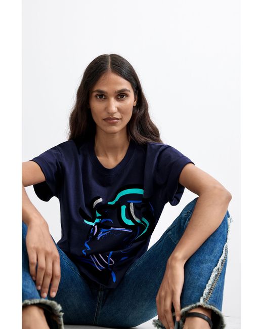 Desigual Blue Printed T-Shirt 100% Cotton, Cotton
