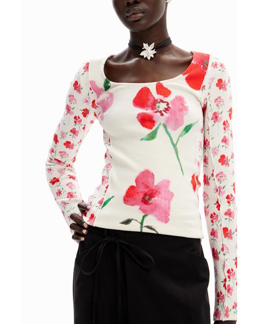 Desigual Red Patchwork Floral T-Shirt, Cotton