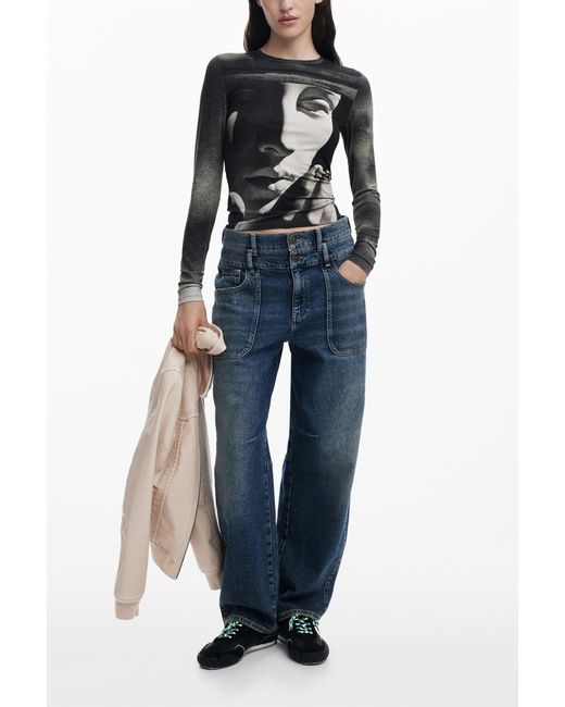 Desigual Black Long Sleeve Sculpture T-Shirt, Viscose