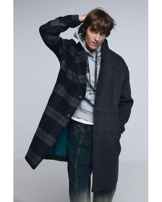 Desigual Blue Wool Bimaterial Checkered Coat for men