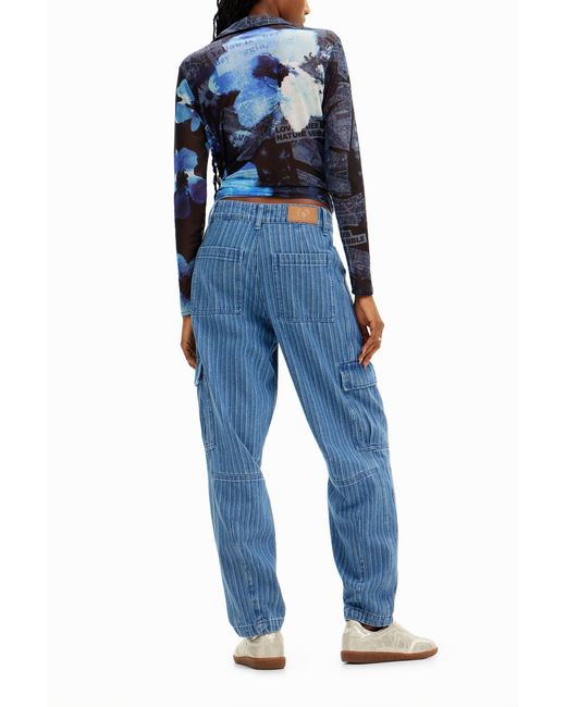 Desigual Blue Striped Denim Cargo Pants