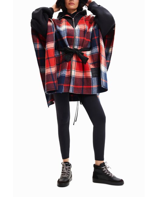 Desigual Red Patchwork Plaid Poncho