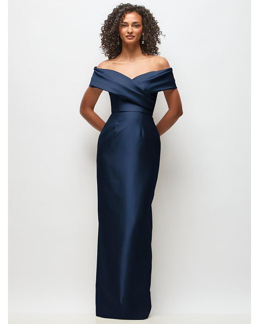 Alfred Sung Women's Blue Draped Wrap Off-The-Shoulder Satin Column Floral Maxi Dress
