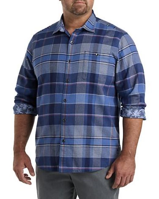 Tommy Bahama Blue Big & Tall Canyon Beach Stretch Pebble Cay Plaid Flannel Shirt for men