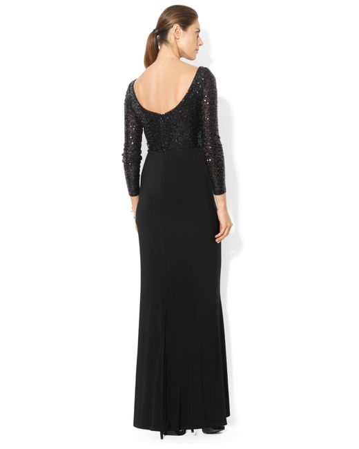 Lauren by Ralph Lauren Black Long-Sleeve Sequin Gown