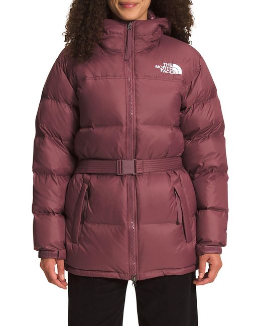 The North Face Goose Nuptse Belted Mid-length Jacket in Red | Lyst