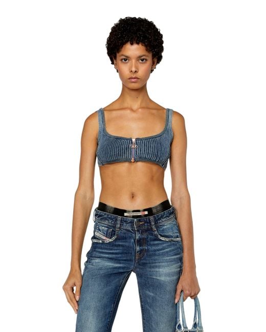 DIESEL Blue Ribbed Crop Top With Vintage Wash