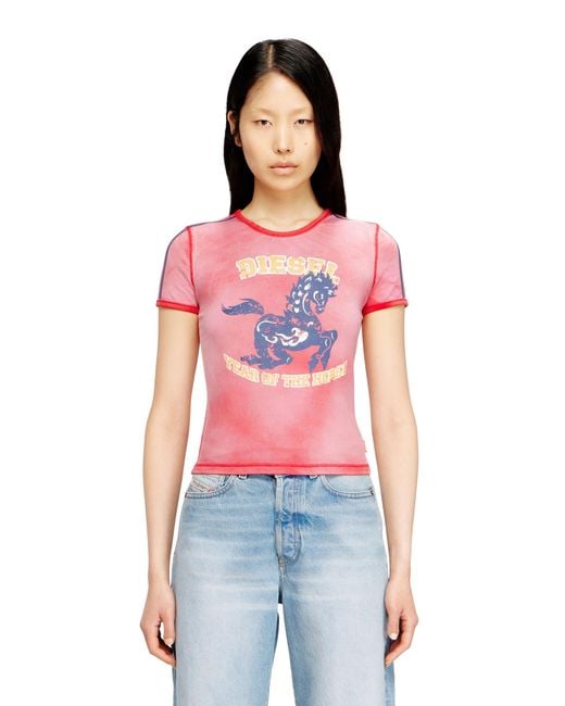 DIESEL Red Cotton Stretch T-Shirt With Horse Graphic Print