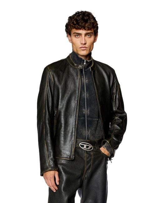 DIESEL Black Biker Jacket In Wrinkled Leather for men