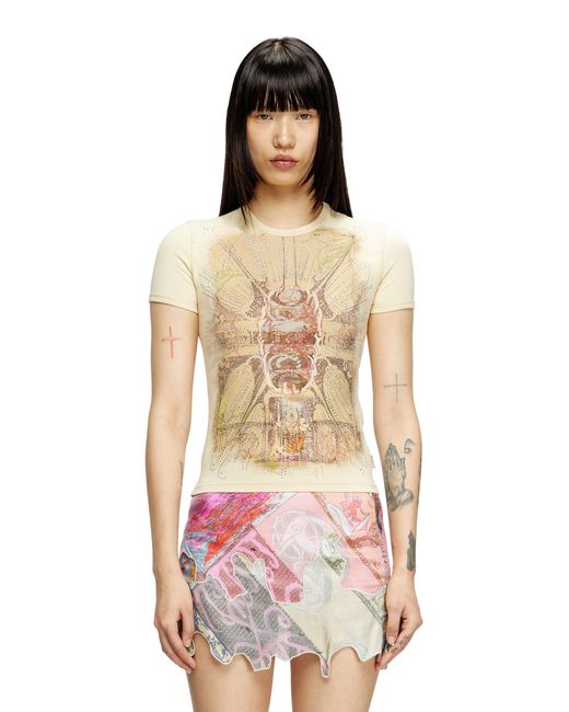 DIESEL Red T-Shirt With Rhinestone Graphic