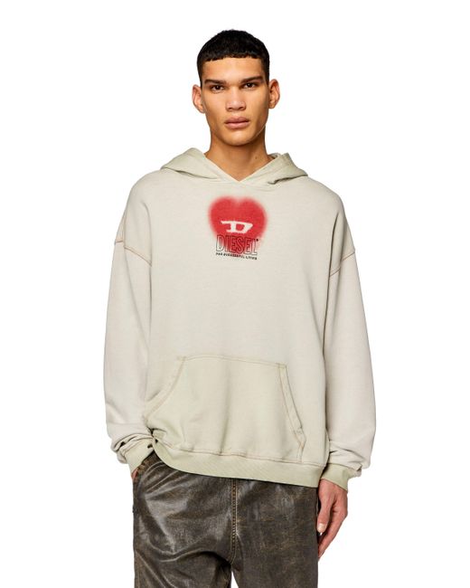 DIESEL White Faded Hoodie With Heart Print for men