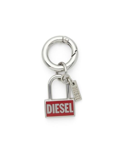 DIESEL White Metal Keyring Charm With Padlock Design