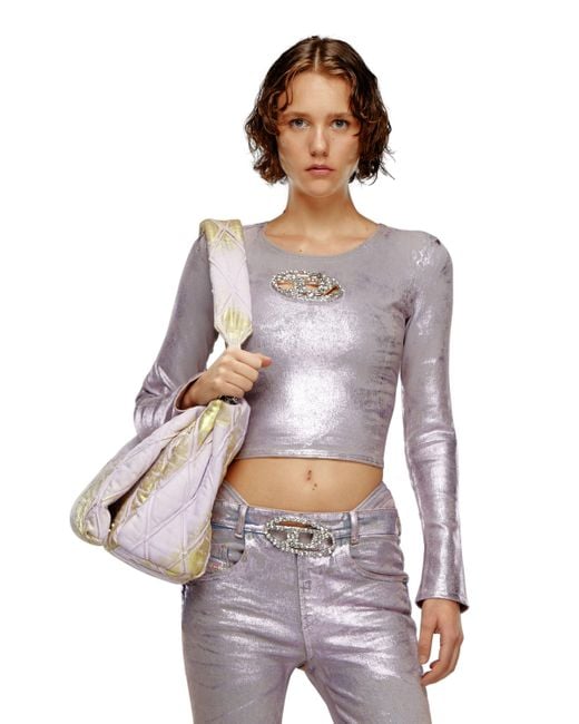 DIESEL White Long-sleeve Top With Crystal Plaque