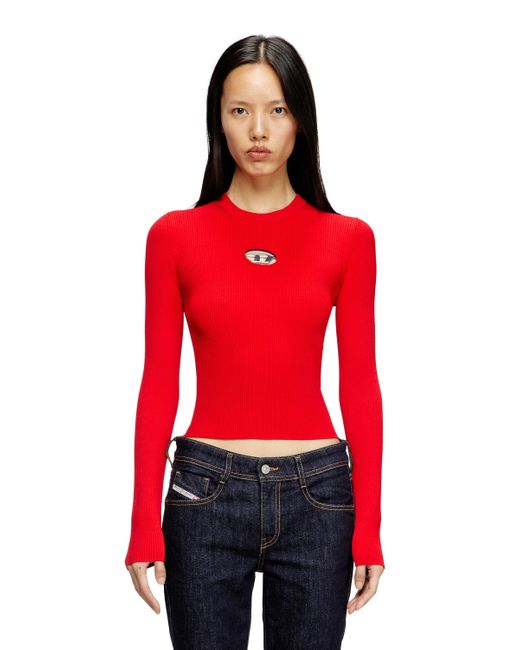 DIESEL Red Rib-knit Viscose-blend Top With Oval D