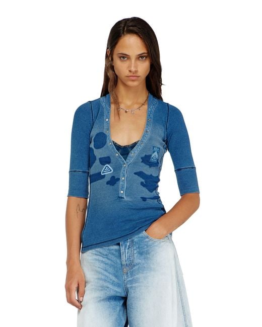 DIESEL Blue Henley Top With Shadow-Patch Effects