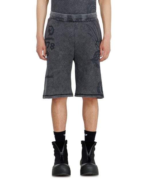 DIESEL Blue Mesh Cotton Sweatshorts With Prints for men