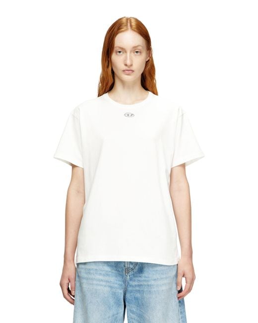 DIESEL White Cotton T-Shirt With Metallic Oval D