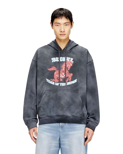 DIESEL Blue Hoodie Tie-Dye With Horse Graphic Print for men