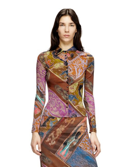 DIESEL Red Stretch-viscose Shirt With Heraldic Print