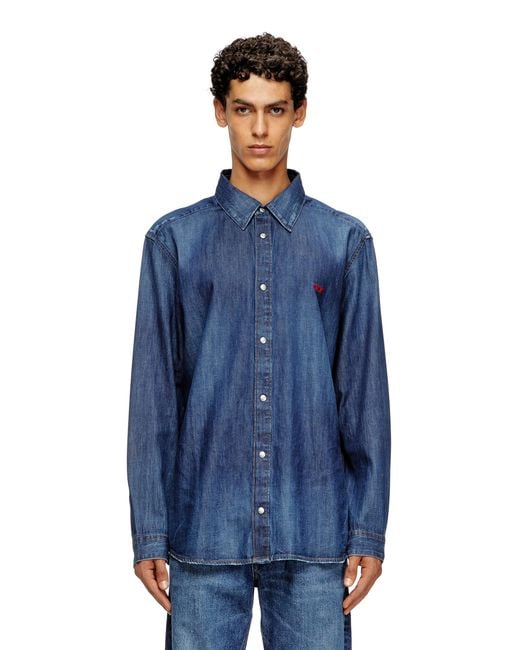 DIESEL Blue Denim Shirt With Embroidered Logo for men