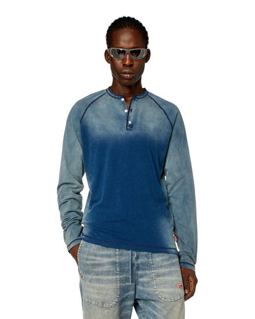 DIESEL Blue Henley T-shirt With Sun-faded Effect for men